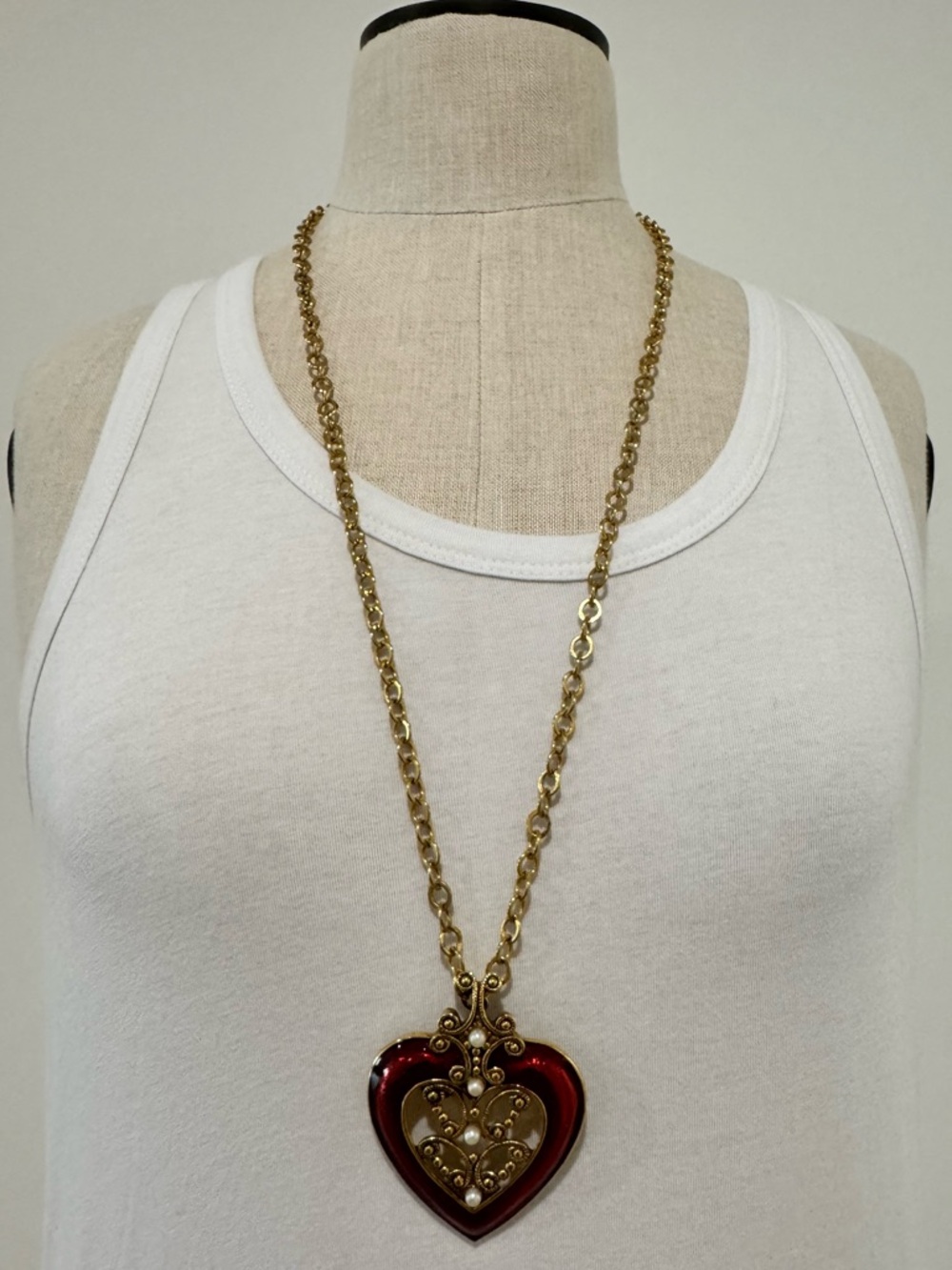 Avon Gold-Tone Chain Necklace with Red Heart Pendant